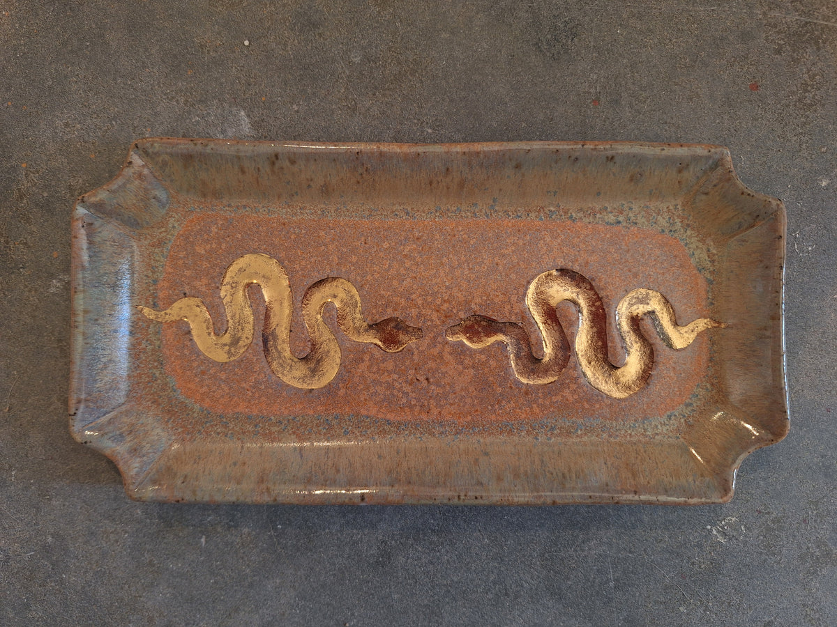 Double Snake Plate Scalloped Rectangle Large Gold